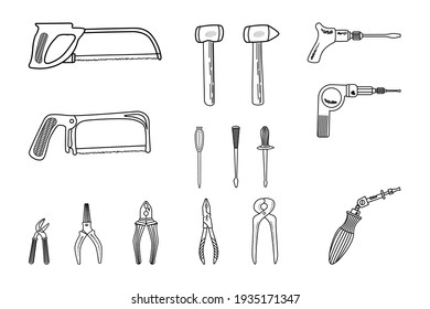 Set of hand tools, ploskogkbtsi, pliers, hammer, saw, screwdriver. Isolated on white background. Editable stroke. Vector illustration