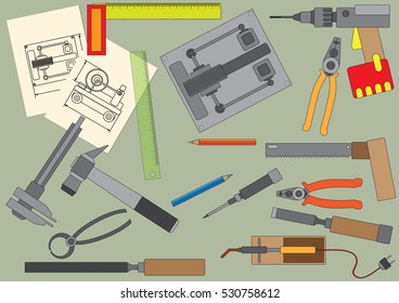 Eine Reihe von Handwerkzeugen für produktive Arbeit. Produktion auf dem Zeichenmodell. Vektorgrafik.