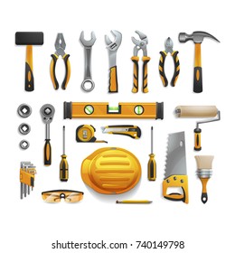 Set of hand tools for repair and construction isolated on white background. Vector illustration.