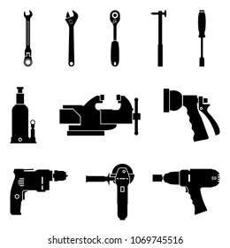 Set of hand tools for repair and maintenance. Silhouette vector icons