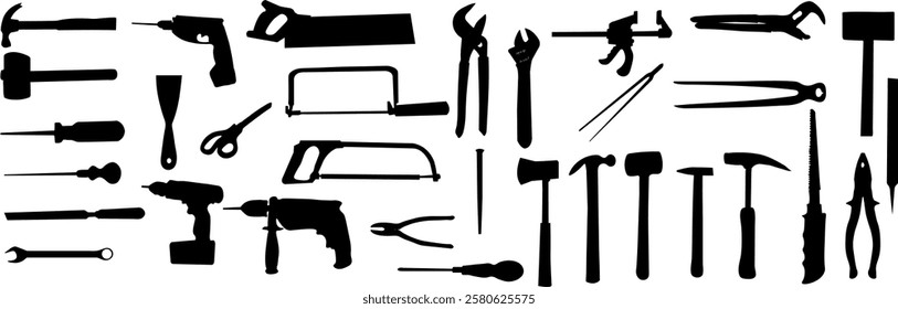 Set of hand tools. Silhouettes of tools for repair. Hammer, screwdriver, screwdriver, drill, saw