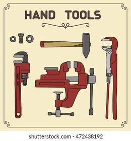 Set of hand tools: vise, pipe wrench, bolt and nut.