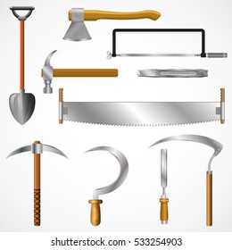 Set of hand tools for wood, metal, earth, stone and plants. Vector illustration.