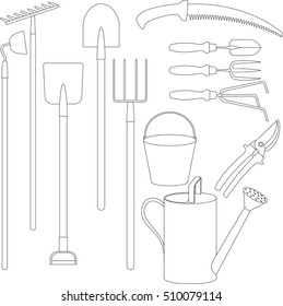 Set of hand tools for working in the garden: forks, shovels, rakes, hoes, pruning shears, watering can, bucket, garden saws. Outline sketch.