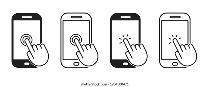 Set of hand touch screen smartphone icons, click. Hand click, press touch screen.