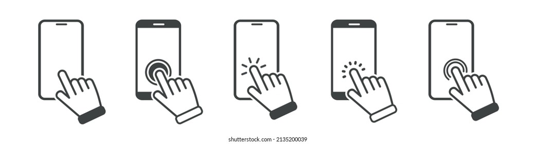 Set of hand touch screen smartphone icons, click. Hand click, press touch screen.
