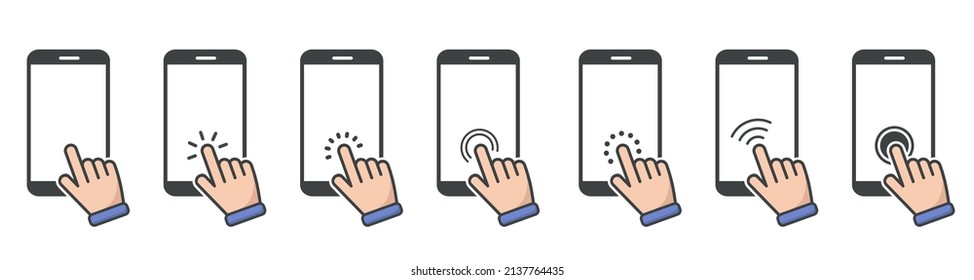 Set von Hand Touchscreen Smartphone-Symbole, klicken Sie. Klicken Sie Hand, drücken Sie den Touchscreen. Vektorgrafik