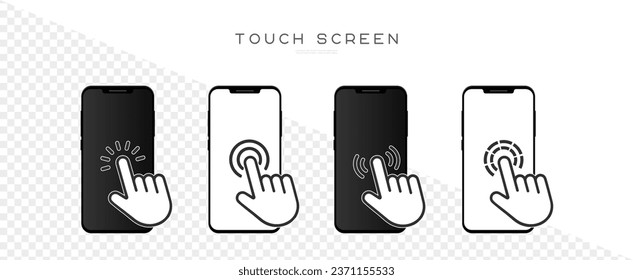 Set of hand touch screen smartphone icons. Hand click, press touch screen. Vector illustration