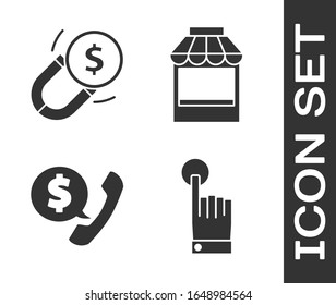 Ajuste el tacto de mano y puntee gesto, Magnet con dinero, teléfono y chat de burbujas de voz y edificio de compras o icono de tienda. Vector