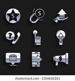 Set Hand touch and tap gesture, Smartphone, mobile phone, Megaphone dollar, Light bulb, Online shopping concept, Telephone handset speech bubble chat, Money and Star icon. Vector
