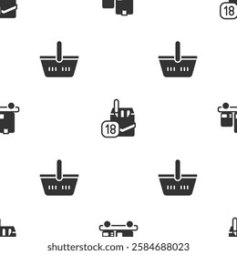 Set Hand truck and boxes, Cigarettes pack and Shopping basket on seamless pattern. Vector