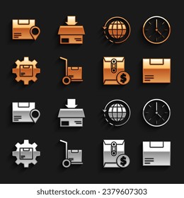 Set Hand truck and boxes, Clock, Carton cardboard, Envelope with dollar symbol, Gear wheel package, Worldwide shipping, Location and  icon. Vector