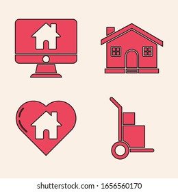 Set Hand truck and boxes, Computer monitor with smart home, House and House with heart shape icon. Vector