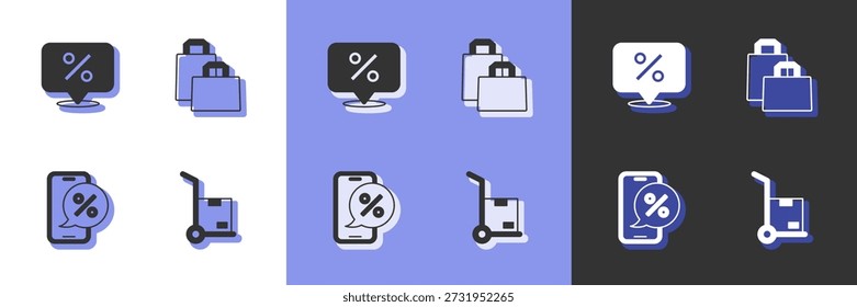 Set Hand truck and boxes, Discount percent tag, Percent discount on phone and Paper shopping bag icon. Vector