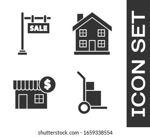 Establecer coche de mano y cajas, Signo de colgando con texto Sale, Casa con símbolo de dólar e icono de símbolo del hogar. Vector