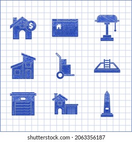 Set Hand truck and boxes, House, Washington monument, Swimming pool with ladder, Garage, Table lamp and dollar symbol icon. Vector
