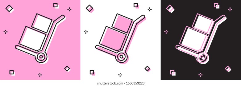 Set Hand truck and boxes icon isolated on pink and white, black background. Dolly symbol.  Vector Illustration