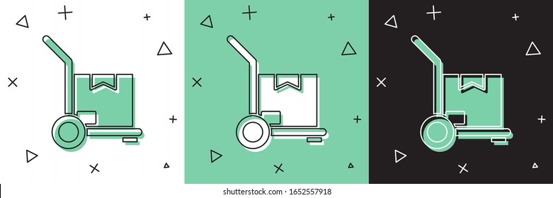 Set Hand truck and boxes icon isolated on white and green, black background. Dolly symbol.  Vector Illustration