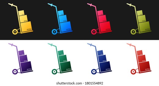 Set Hand truck and boxes icon isolated on black and white background. Dolly symbol. Vector.