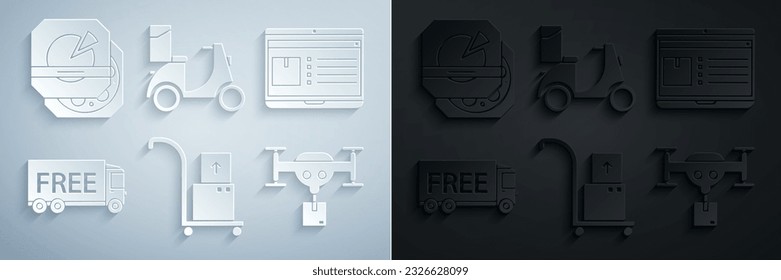 Set Hand truck and boxes, Laptop with app delivery tracking, Free service, Delivery drone the package, Scooter and Pizza cardboard icon. Vector