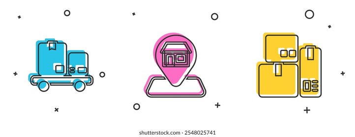 Set Hand truck and boxes, Location Market store and Cash register machine icon. Vector