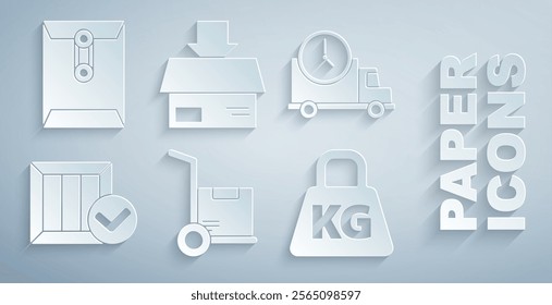 Set Hand truck and boxes, Logistics delivery clock, Wooden with check mark, Weight, Carton cardboard and Envelope icon. Vector