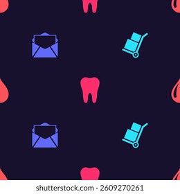 Set Hand truck and boxes, Mail e-mail, Tooth and Water drop on seamless pattern. Vector