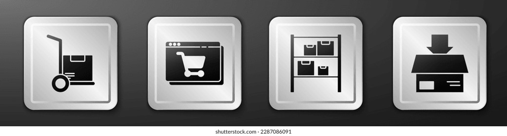 Set Hand truck and boxes, Online shopping on screen, Warehouse and Carton cardboard box icon. Silver square button. Vector