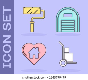 Set Hand truck and boxes, Paint roller brush, House with heart shape and Warehouse icon. Vector