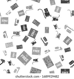 Set Hand truck and boxes , Postcard , Post truck  and Cardboard box with free symbol  on seamless pattern. Vector