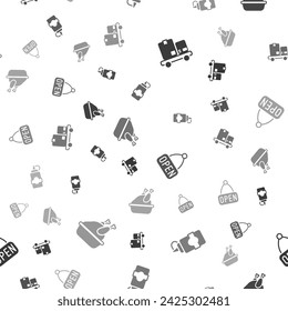 Set Hand truck and boxes, Sauce bottle, Hanging sign with Open and Roasted turkey or chicken on seamless pattern. Vector
