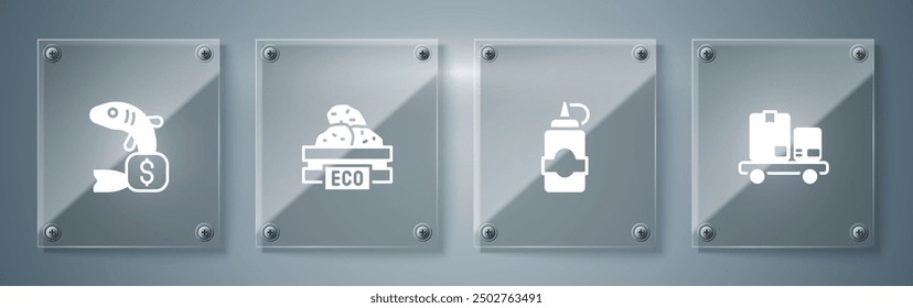 Set Hand truck and boxes, Sauce bottle, Wooden for fruits and Price tag fish. Square glass panels. Vector