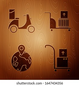 Set Hand truck and boxes , Scooter delivery , Worldwide  and Electric hand truck and boxes  on wooden background. Vector