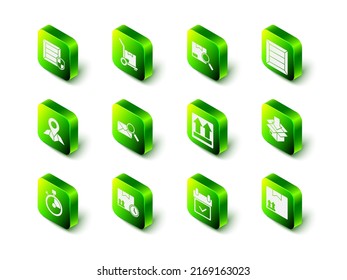 Set Hand truck and boxes, Search package, Wooden, Cardboard with traffic symbol, This side up, Calendar check mark and fast time icon. Vector