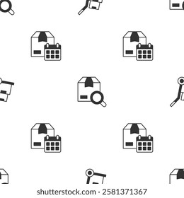 Set Hand truck and boxes, Search package and Cardboard with calendar on seamless pattern. Vector