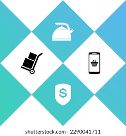 Coloque el camión de mano y las cajas, el Dólar escudo, el Zócalo con asa y la cesta de compras en el icono móvil. Vector