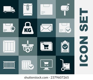 Set Hand truck and boxes, Verification of delivery list clipboard, Package with check mark, Carton cardboard, Weight, Location, Delivery cargo vehicle and Envelope icon. Vector