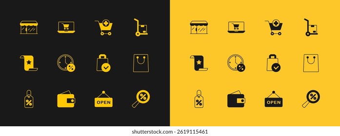 Set Hand truck and boxes, Wallet, Paper shopping bag, Hanging sign with text Open, Clock percent discount, Add to Shopping cart, Market store and on screen laptop icon. Vector