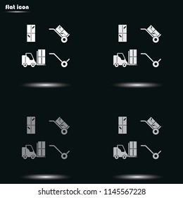 Set of hand truck, fork lift and boxes flat grayscale vector icon.