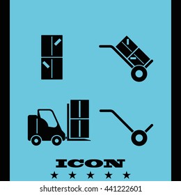 Set of hand truck, fork lift and boxes icon.