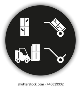 Set of hand truck, fork lift and boxes icon.