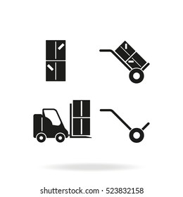 Set Of Hand Truck, Fork Lift And Boxes Icon.