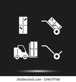 Set Of Hand Truck, Fork Lift And Boxes Icon.