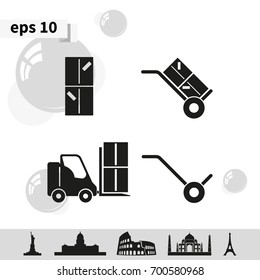 Set of hand truck, fork lift and boxes icon.