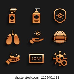 Set Hand with virus, Bar of soap, Positive, Earth medical mask, Washing hands, Lungs, Shield protecting from and Liquid antibacterial icon. Vector