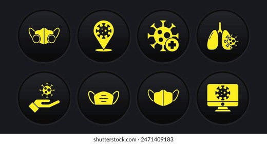 Set Hand with virus, Virus cells in lung, Medical protective mask, Positive, Corona 2019-nCoV on location, statistics monitor and  icon. Vector