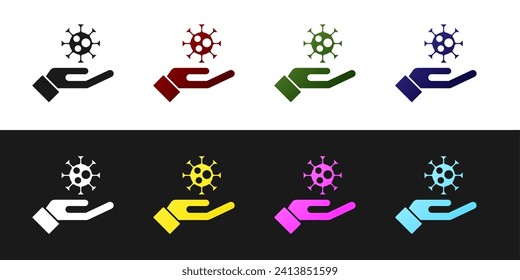 Set Hand with virus icon isolated on black and white background. Corona virus 2019-nCoV. Bacteria and germs, cell cancer, microbe, fungi.  Vector