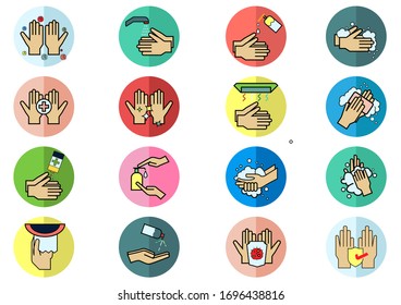 Set of hand washing icon.In closes such icons as cleaning,protect covic-19,hand dryer,soap,wipe,sanitary and more.Vector health and Prevent disease concept.