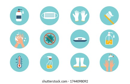 Set of hand washing icons in flat style. Hygiene icons. The icons as hand wash, soap, alcohol, detergent, anti bacterial and mask. Vector illustrations.