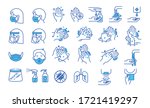 Set of hand washing icons in thin line style. Hygiene icons. The icons as hand wash, soap, alcohol, detergent, anti bacterial and mask. Vector illustrations.